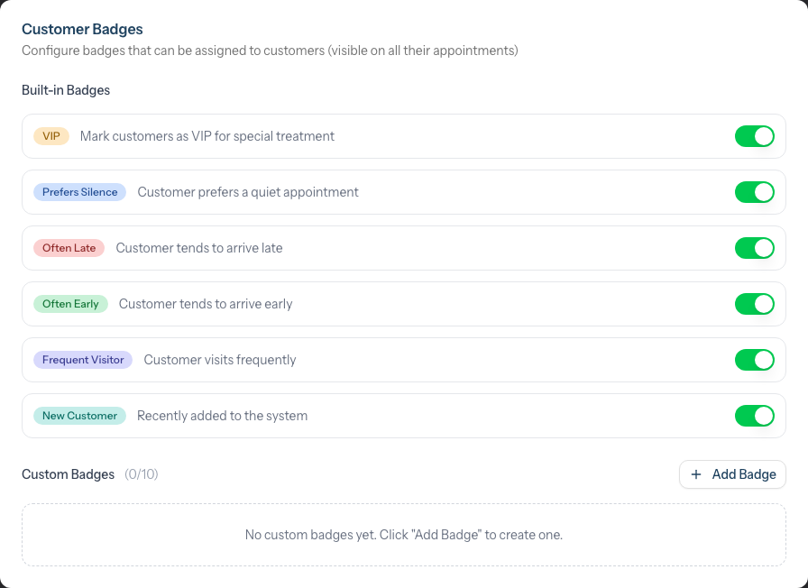 The Customer Badges settings card, with toggles for each built-in badge and a section for custom badges