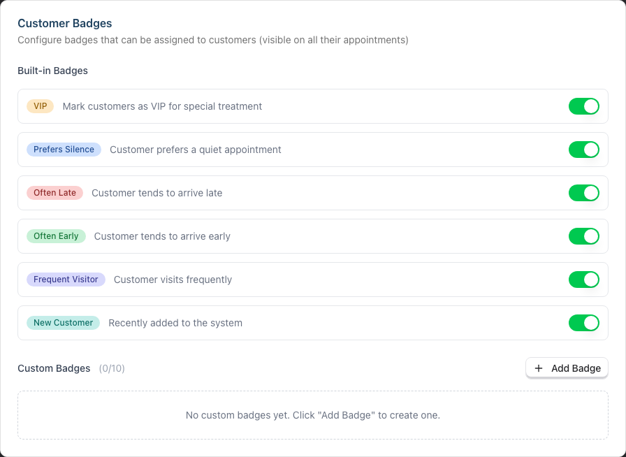 The Customer Badges settings card, with toggles for each built-in badge and a section for custom badges