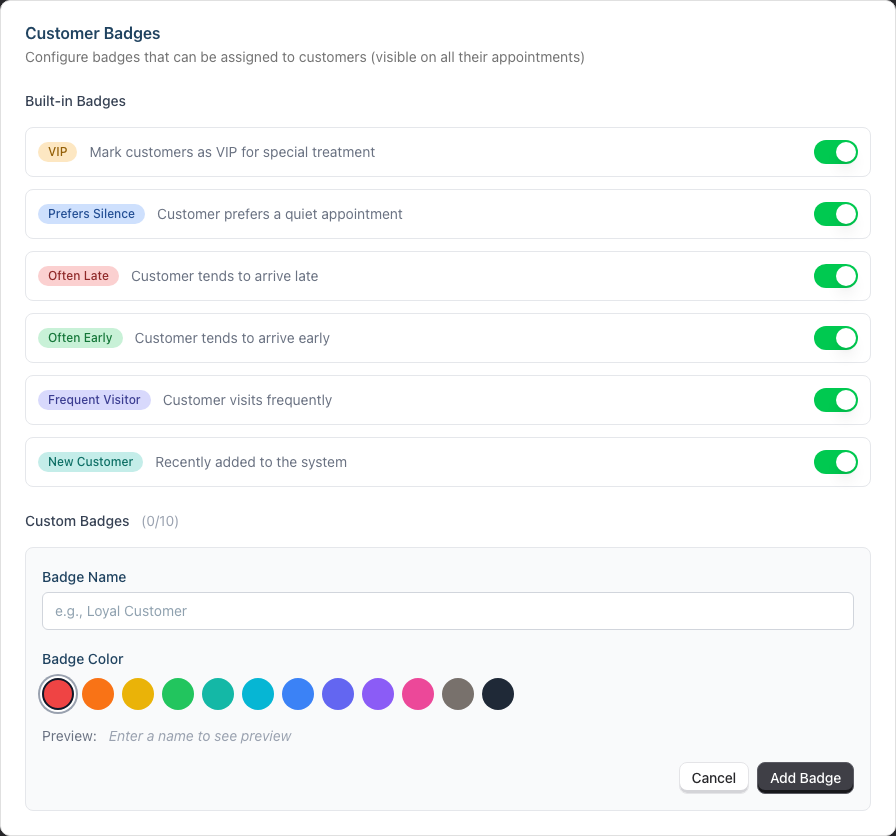 The Add Custom Badge form, with a name field, the 12-colour palette and a live preview