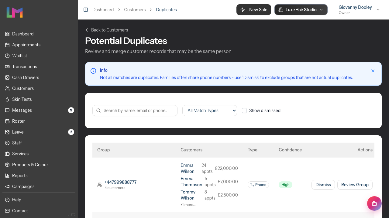 The Potential Duplicates page listing duplicate groups with the search and filter controls, a phone-match group, a green High confidence badge, and Dismiss and Review Group buttons
