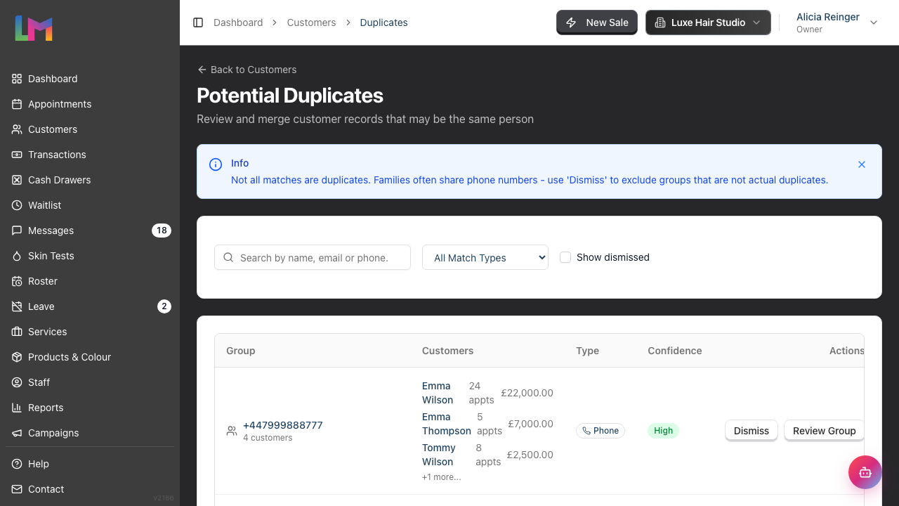 The Potential Duplicates page listing duplicate groups with the search and filter controls, a phone-match group, a green High confidence badge, and Dismiss and Review Group buttons