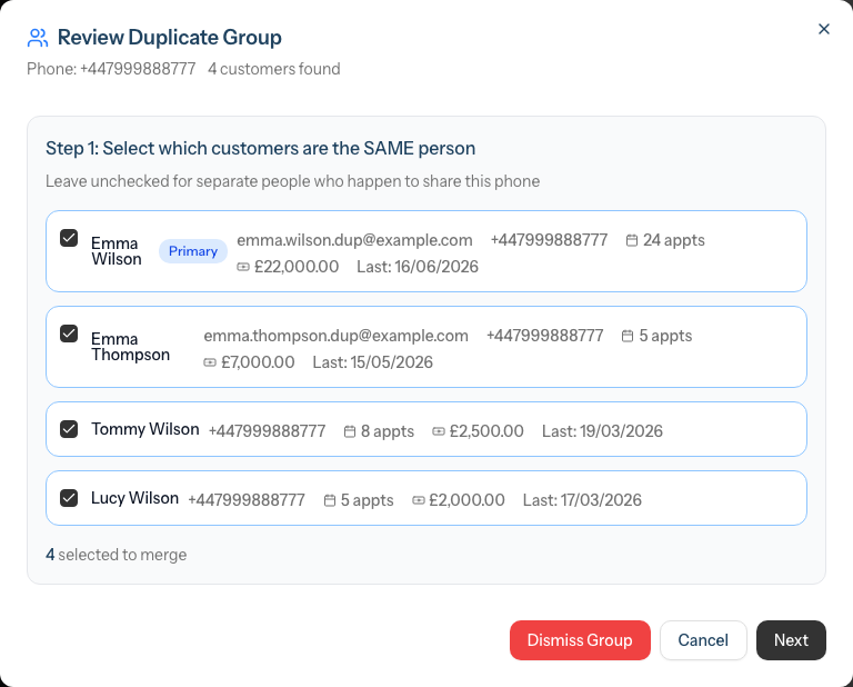 Step 1 of the merge dialog showing the four customers in a phone-match group, each with a checkbox, the Primary badge, and their appointments, spend, and last visit