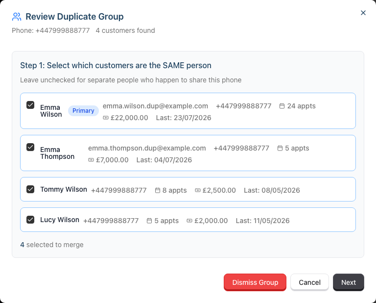 Step 1 of the merge dialog showing the four customers in a phone-match group, each with a checkbox, the Primary badge, and their appointments, spend, and last visit