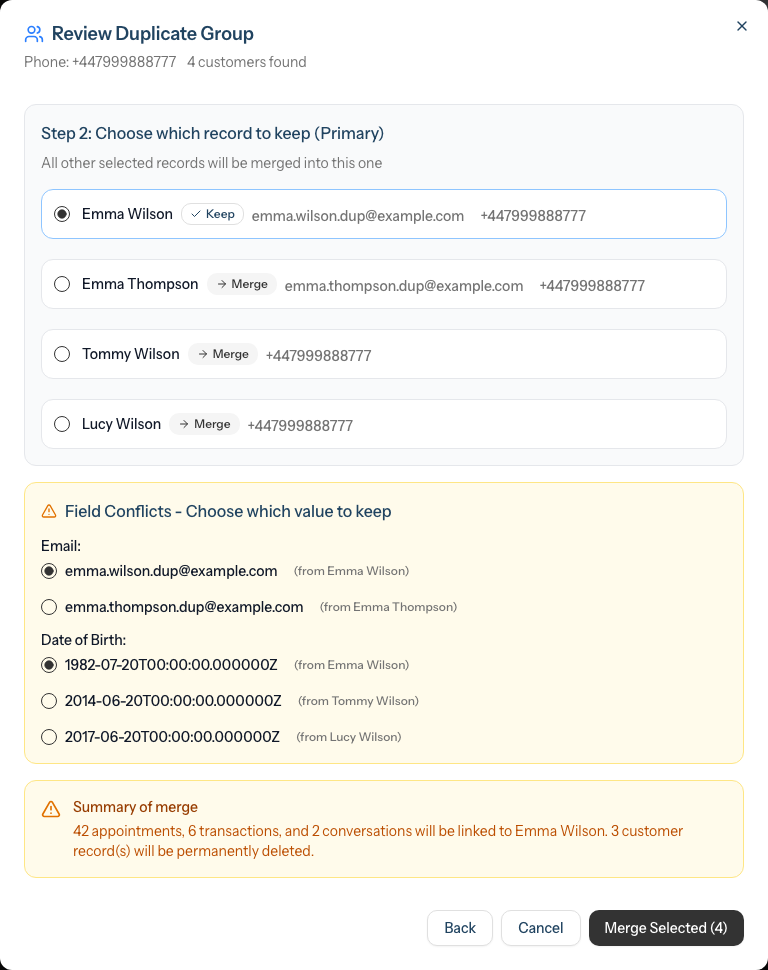Step 2 of the merge dialog showing the primary record marked Keep, the others marked Merge, the amber Field Conflicts section for email and date of birth, and the merge summary above the Merge Selected button