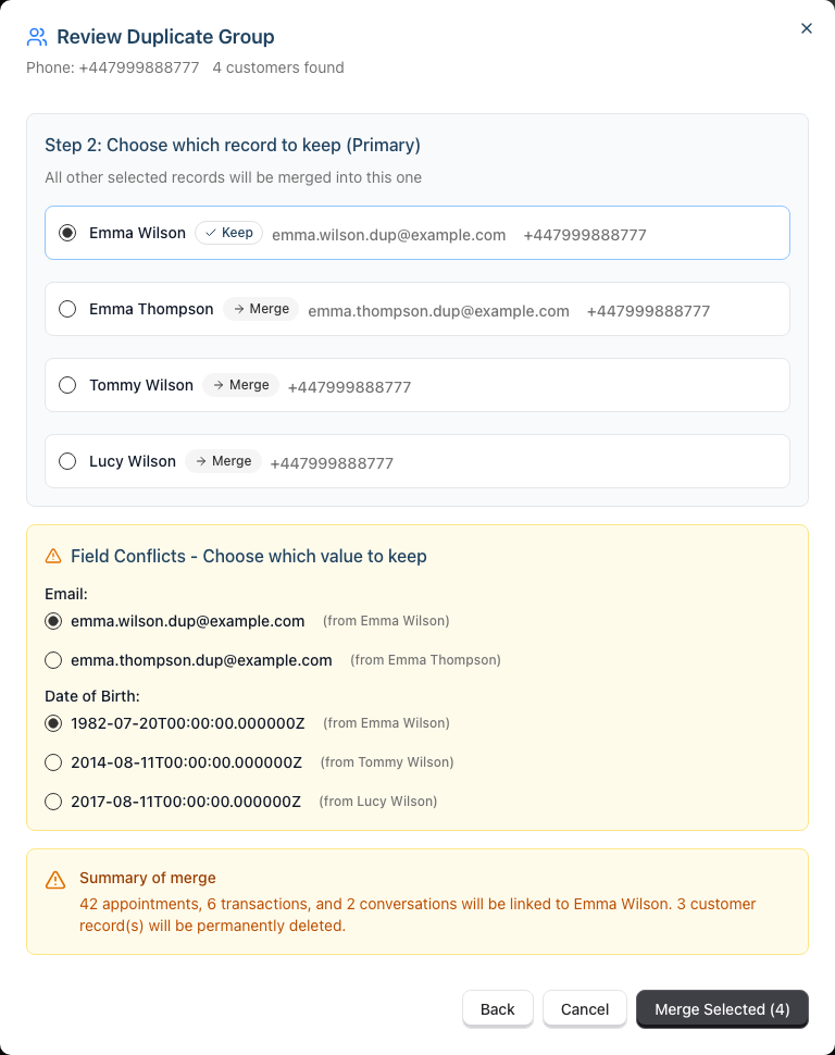Step 2 of the merge dialog showing the primary record marked Keep, the others marked Merge, the amber Field Conflicts section for email and date of birth, and the merge summary above the Merge Selected button