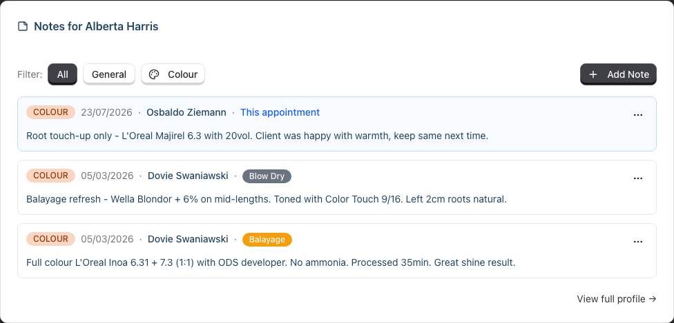 The Notes for [Customer Name] card on an appointment detail page, with the note linked to the current appointment highlighted in blue and labelled This appointment