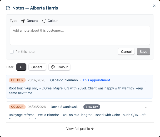 The Notes dialog opened from the calendar appointment sidebar, titled Notes and the customer name, with the add-note form at the top, the All/General/Colour filter row, a note badged This appointment in blue, and the View full profile link at the bottom