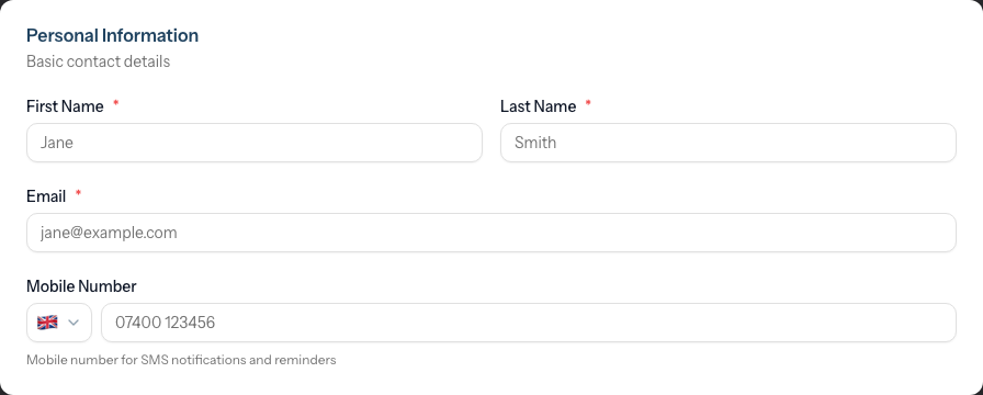 The Personal Information section with First Name, Last Name, Email and Mobile Number fields