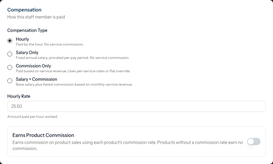The Compensation section showing the Compensation Type options and the related rate fields