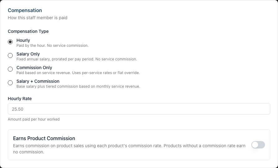 The Compensation section showing the Compensation Type options and the related rate fields