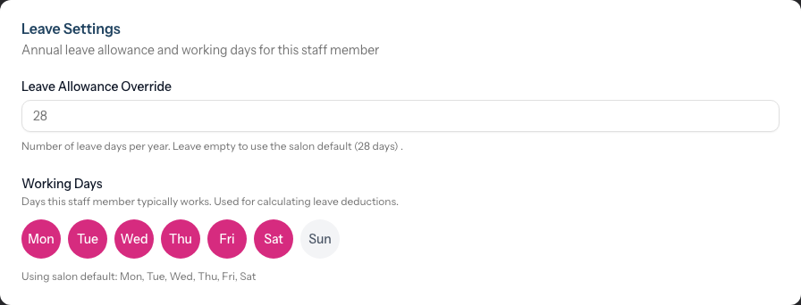 The Leave Settings section with the Leave Allowance Override field and the Working Days selector