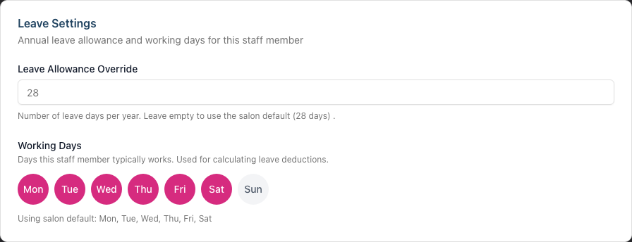 The Leave Settings section with the Leave Allowance Override field and the Working Days selector