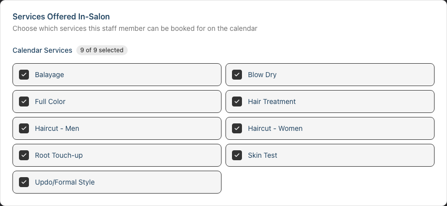 The Services Offered In-Salon card with every calendar service ticked and a count of the selected services