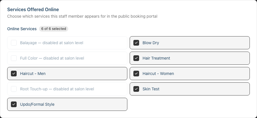 The Services Offered Online card, with services the salon has disabled for online booking shown greyed out