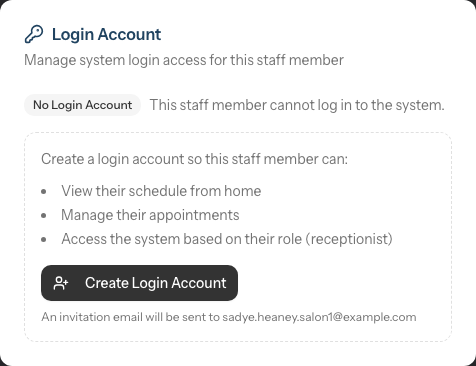 The Login Account section for a staff member without an account, showing the No Login Account badge and the Create Login Account button