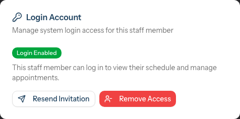 The Login Account section once an account exists, showing the green Login Enabled badge with the Resend Invitation and Remove Access buttons