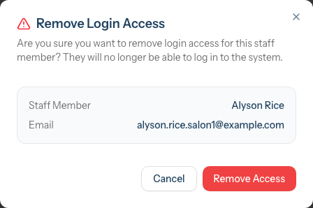 The Remove Login Access confirmation dialog showing the staff member's name and email