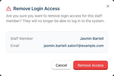 The Remove Login Access confirmation dialog showing the staff member's name and email