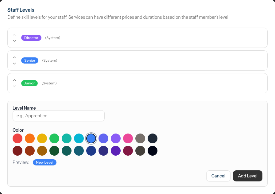 The inline Add Custom Level form with a Level Name field, a Color picker with a live preview pill, and Cancel and Add Level buttons