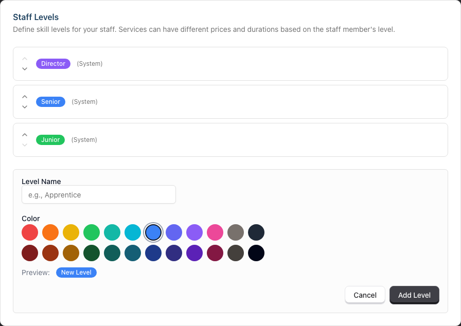 The inline Add Custom Level form with a Level Name field, a Color grid of preset swatches, a Preview pill, and Cancel and Add Level buttons