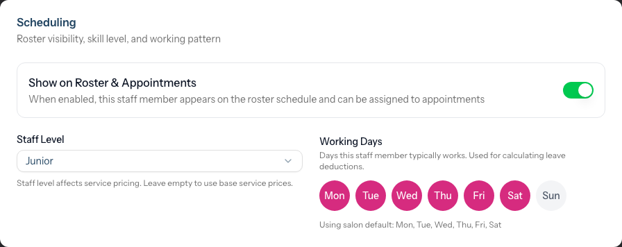 The Scheduling card on a staff member's edit form, with the Staff Level dropdown set to Junior beneath the Show on Roster & Appointments toggle