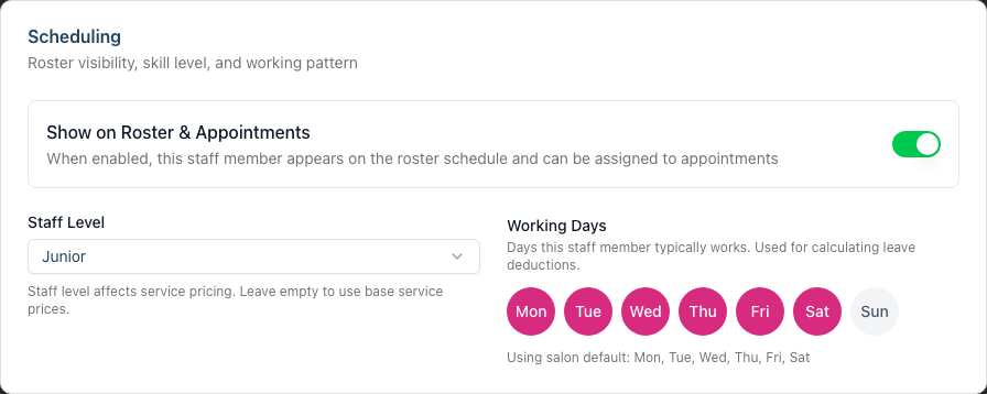 The Scheduling card on a staff member's edit form, with the Staff Level dropdown set to Junior beneath the Show on Roster & Appointments toggle