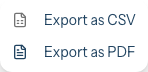 The Export menu open, showing Export as CSV and Export as PDF options