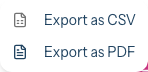 The Export menu opened from the table header, offering Export as CSV and Export as PDF