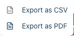 The Export menu opened from the table header, offering Export as CSV and Export as PDF