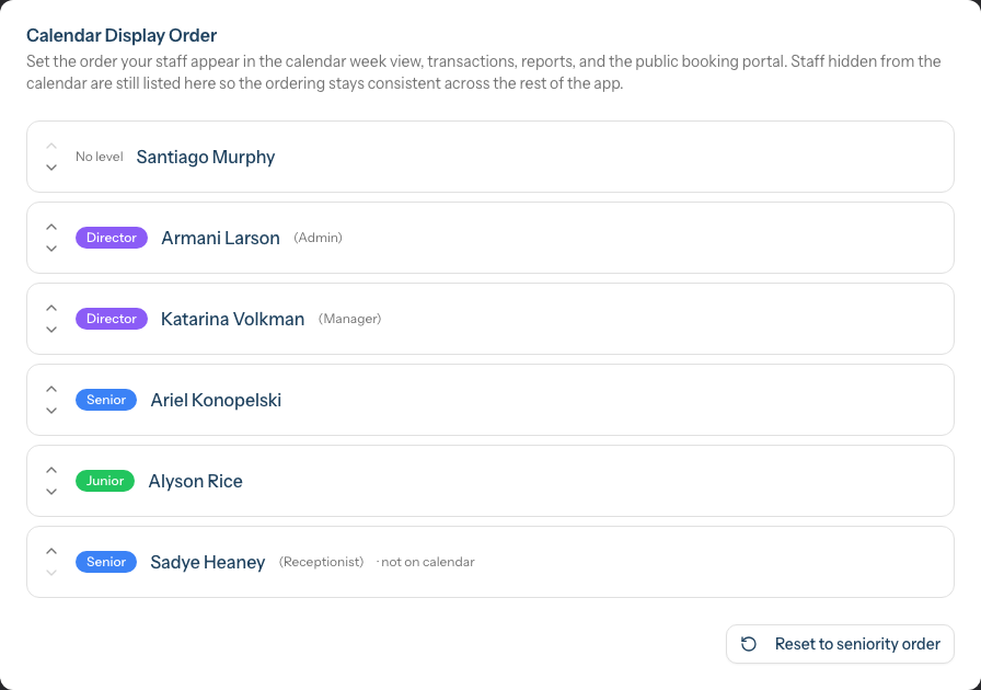 The Calendar Display Order tab, listing each staff member with up and down arrows and a Reset to seniority order button