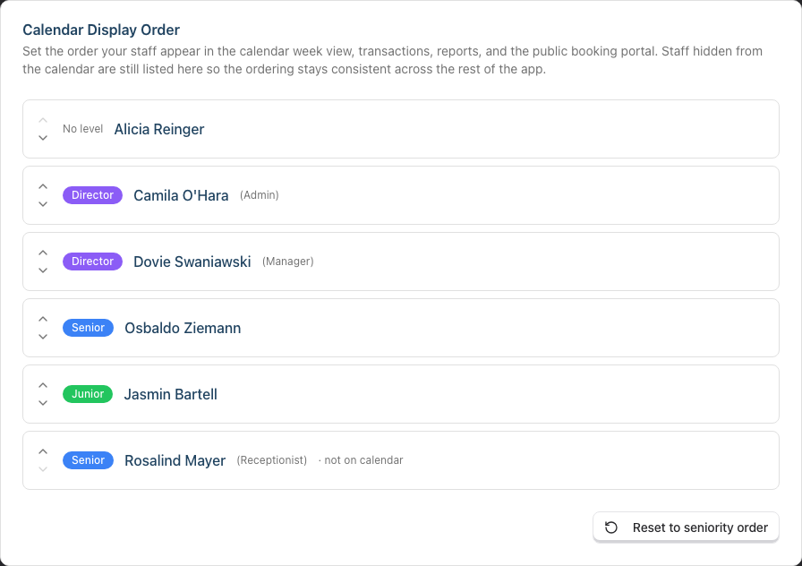 The Calendar Display Order tab, listing each staff member with up and down arrows and a Reset to seniority order button