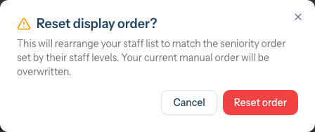 The Reset display order confirmation dialog, warning that the current manual order will be overwritten