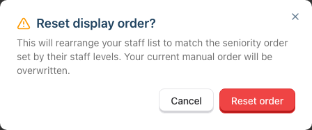 The Reset display order confirmation dialog, warning that the current manual order will be overwritten