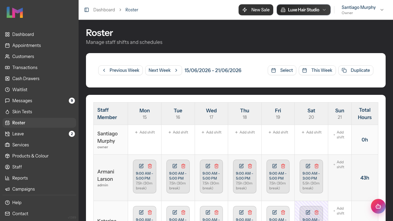 The weekly roster grid showing week navigation, day columns, staff rows with their shift blocks, and the Total Hours column