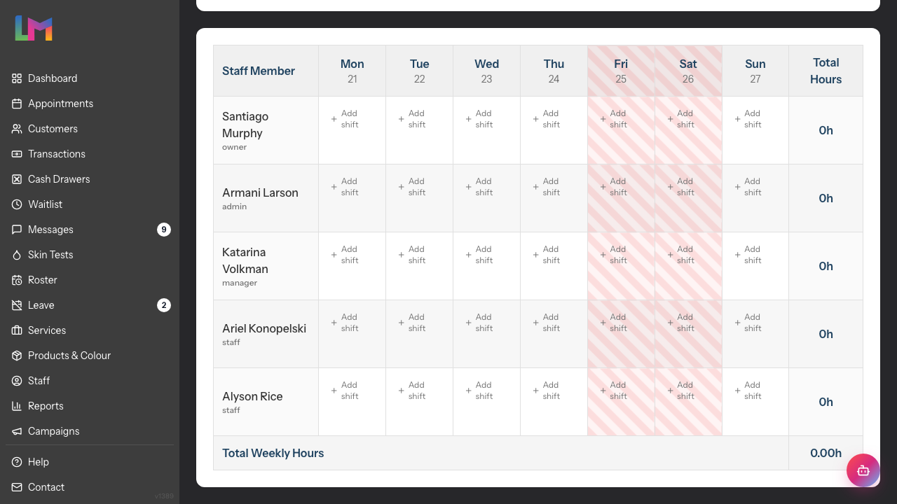 The weekly roster with the Christmas Day and Boxing Day columns highlighted in a red diagonal striped pattern across the header and every staff row.