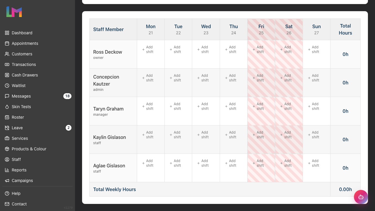 The weekly roster with the Christmas Day and Boxing Day columns highlighted in a red diagonal striped pattern across the header and every staff row.