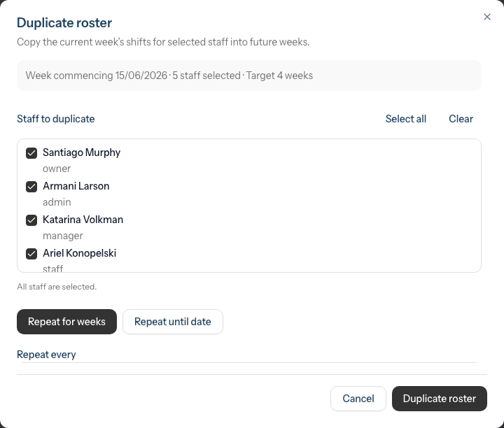 The Duplicate roster dialog, showing the summary panel, the staff selection list with Select all / Clear, and the Repeat for weeks / Repeat until date mode buttons