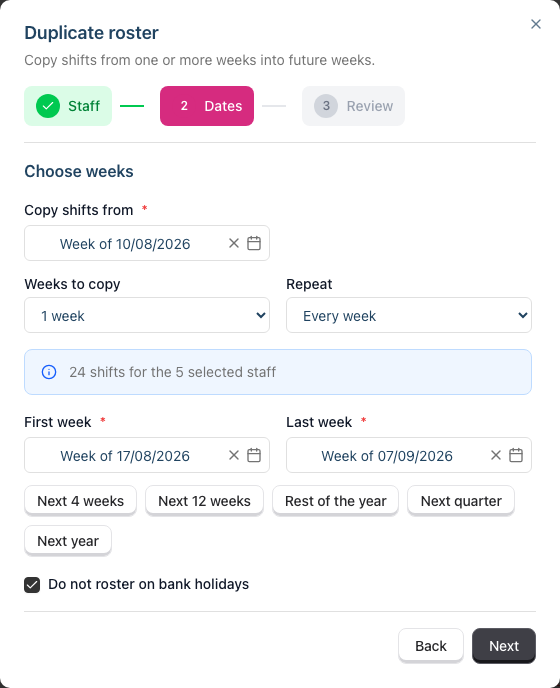Step 2 of the Duplicate roster wizard, showing the Copy shifts from field, the Weeks to copy and Repeat fields, the First week and Last week pickers with the range shortcuts, and the bank holiday checkbox