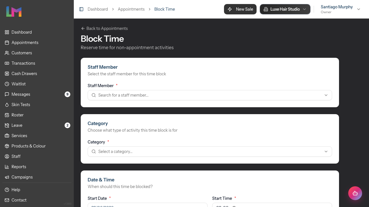 The Block Time page with the Staff Member and Category sections at the top of the form