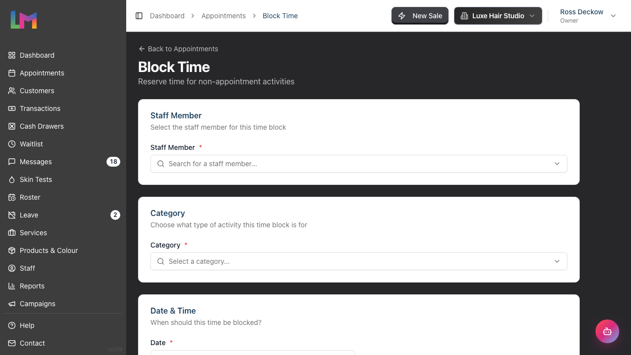 The Block Time page with the Staff Member and Category sections at the top of the form
