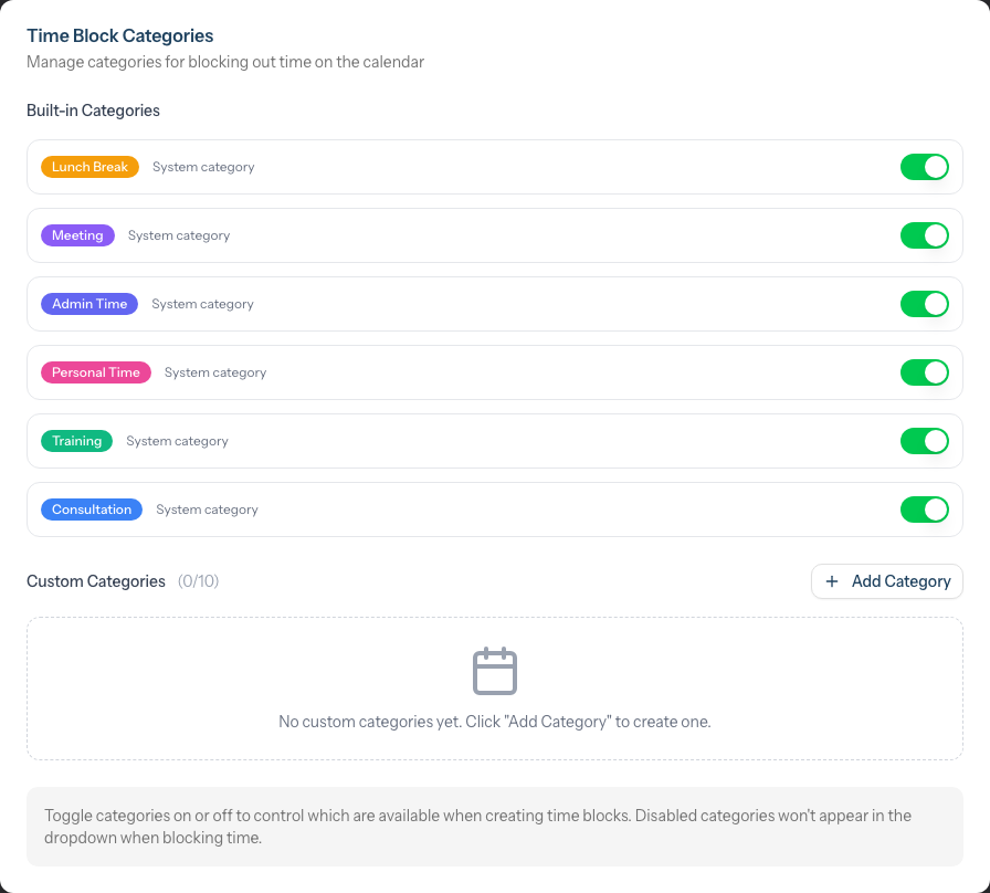 The Time Block Categories card showing the built-in category toggles, the custom-category counter and the Add Category button