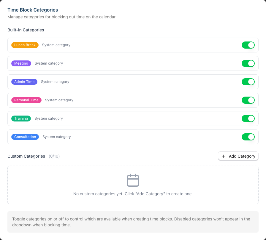 The Time Block Categories card showing the built-in category toggles, the custom-category counter and the Add Category button