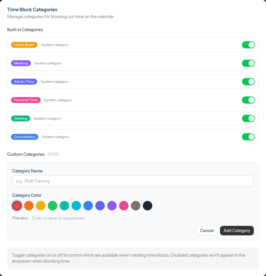 The Add Category form with the Category Name field, colour palette and preview