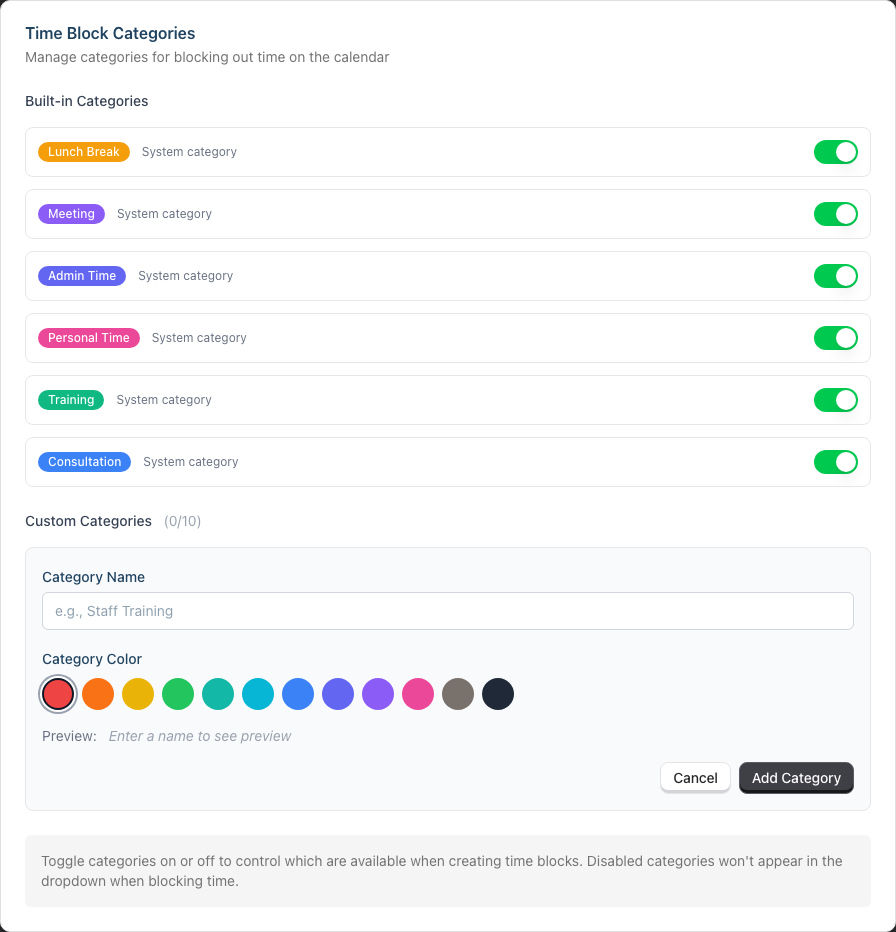 The Add Category form with the Category Name field, colour palette and preview
