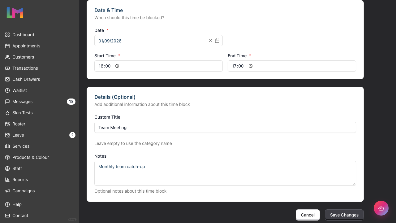 The Edit Time Block page showing the pre-filled Date and Time card and the Save Changes button