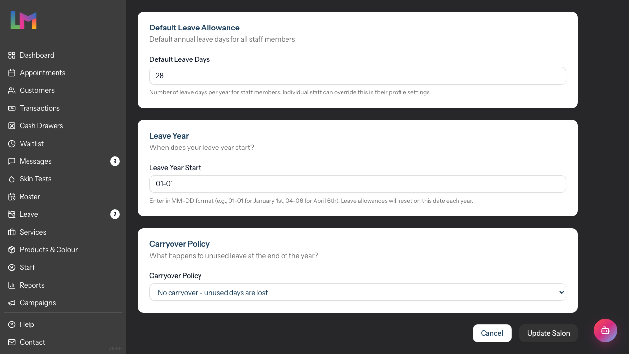 The Leave sub-tab under Salon Settings â Staff, showing the Default Leave Allowance, Leave Year and Carryover Policy cards