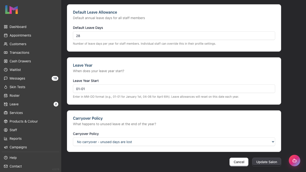 The Leave sub-tab under Salon Settings â Staff, showing the Default Leave Allowance, Leave Year and Carryover Policy cards