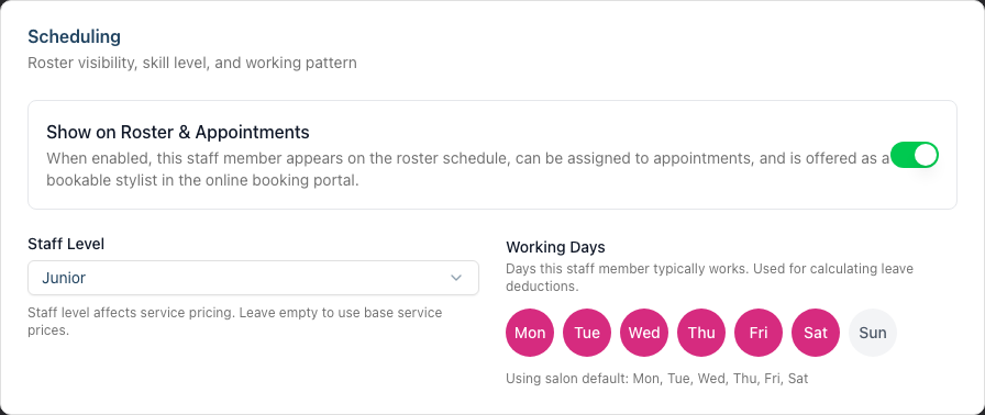 The Scheduling card on a staff member's edit page, with the Working Days buttons set to the salon default of Monday to Saturday