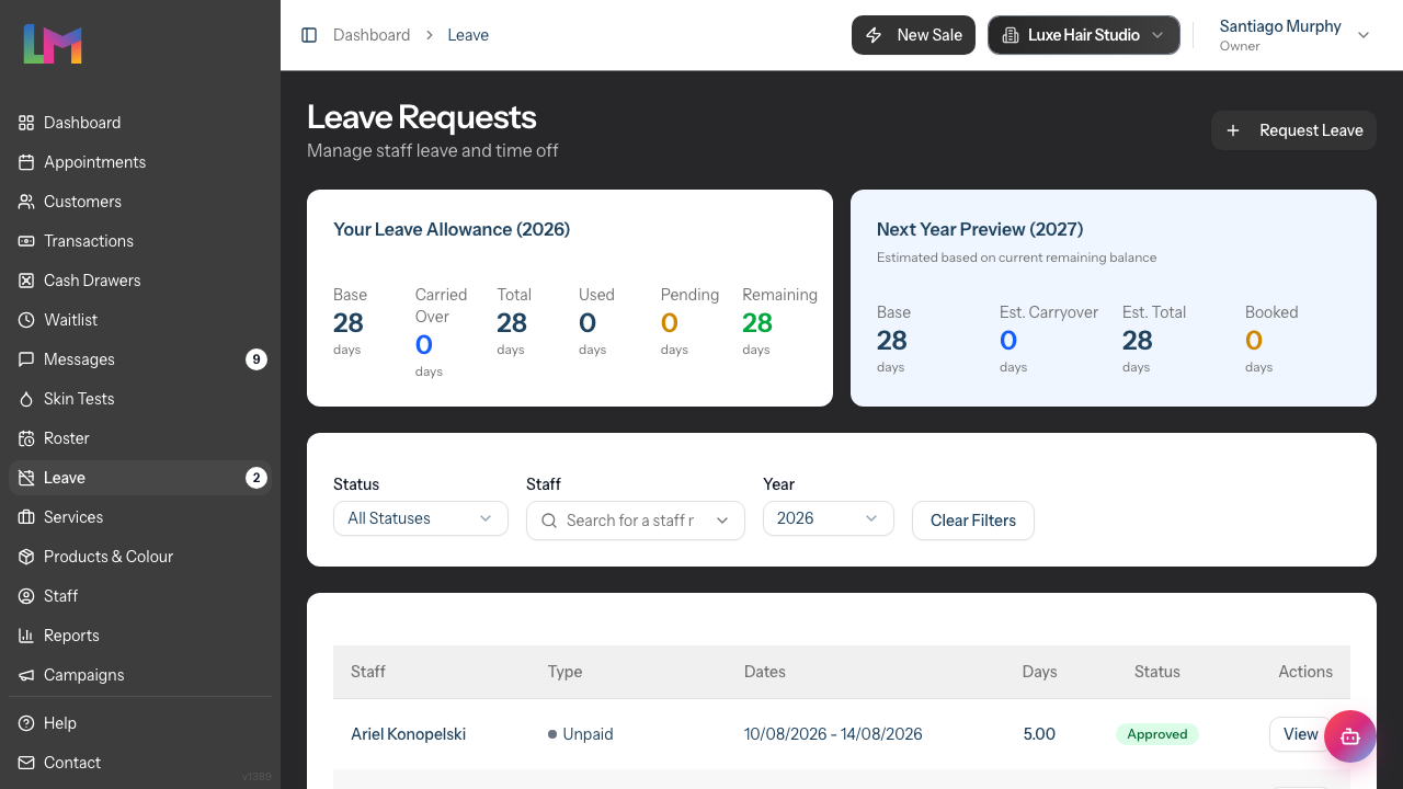 The Leave Requests list showing the allowance summary cards, the Status, Staff and Year filters, and the table of requests with the Request Leave button in the top-right
