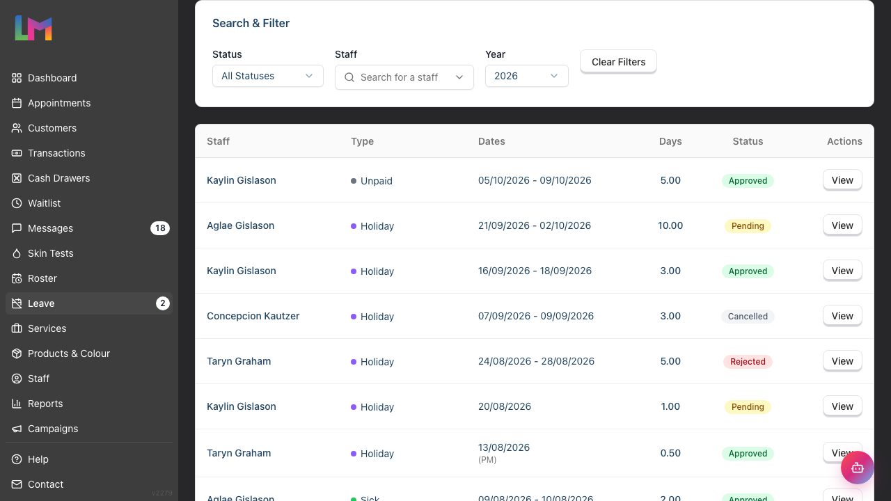 The Leave Requests list showing the allowance summary cards, the status, staff and year filter boxes, and the table of requests with the Request Leave button in the top-right